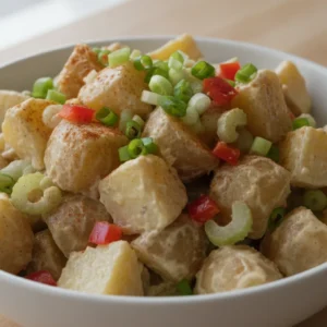 Delicious summer potato salad in a bowl with dairy-free cashew dressing