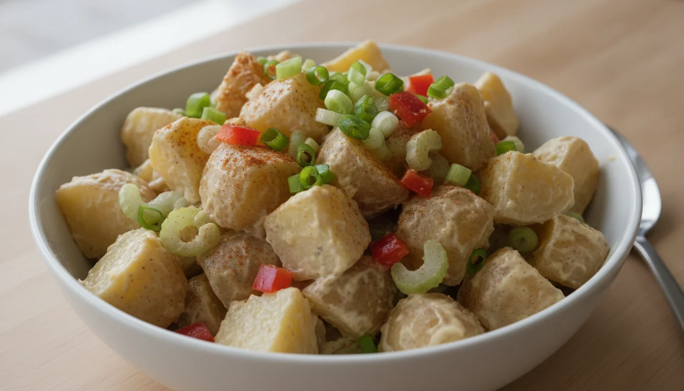 Delicious summer potato salad in a bowl with dairy-free cashew dressing