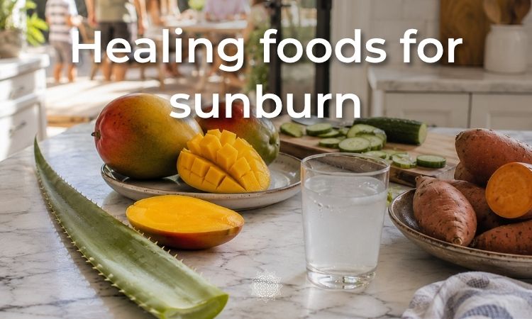 Healing foods for sunburn including sweet potatoes, cucumber, aloe vera, mangoes and coconut water