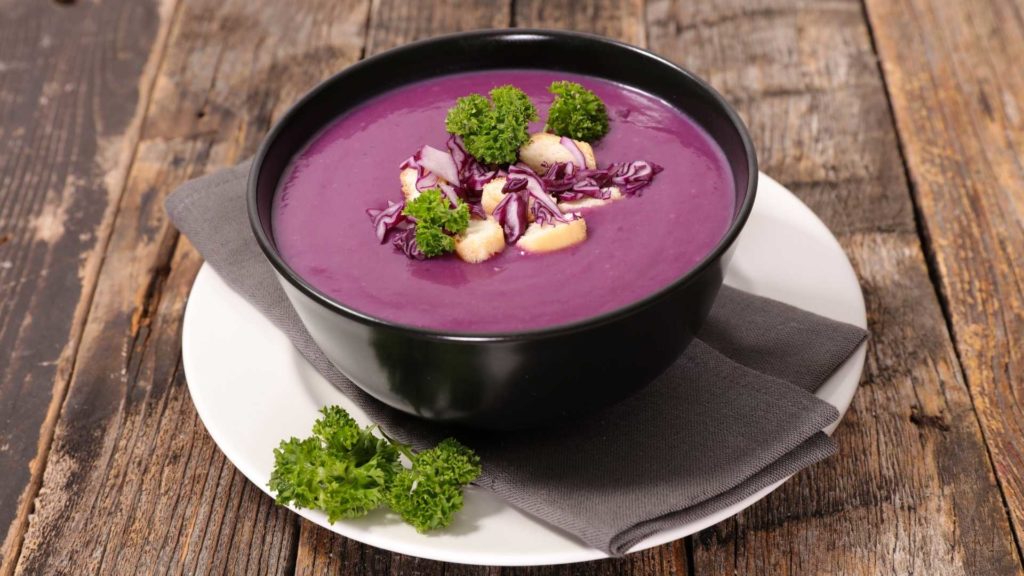 Coconut Curry Purple Cabbage and Sweet Potato Soup