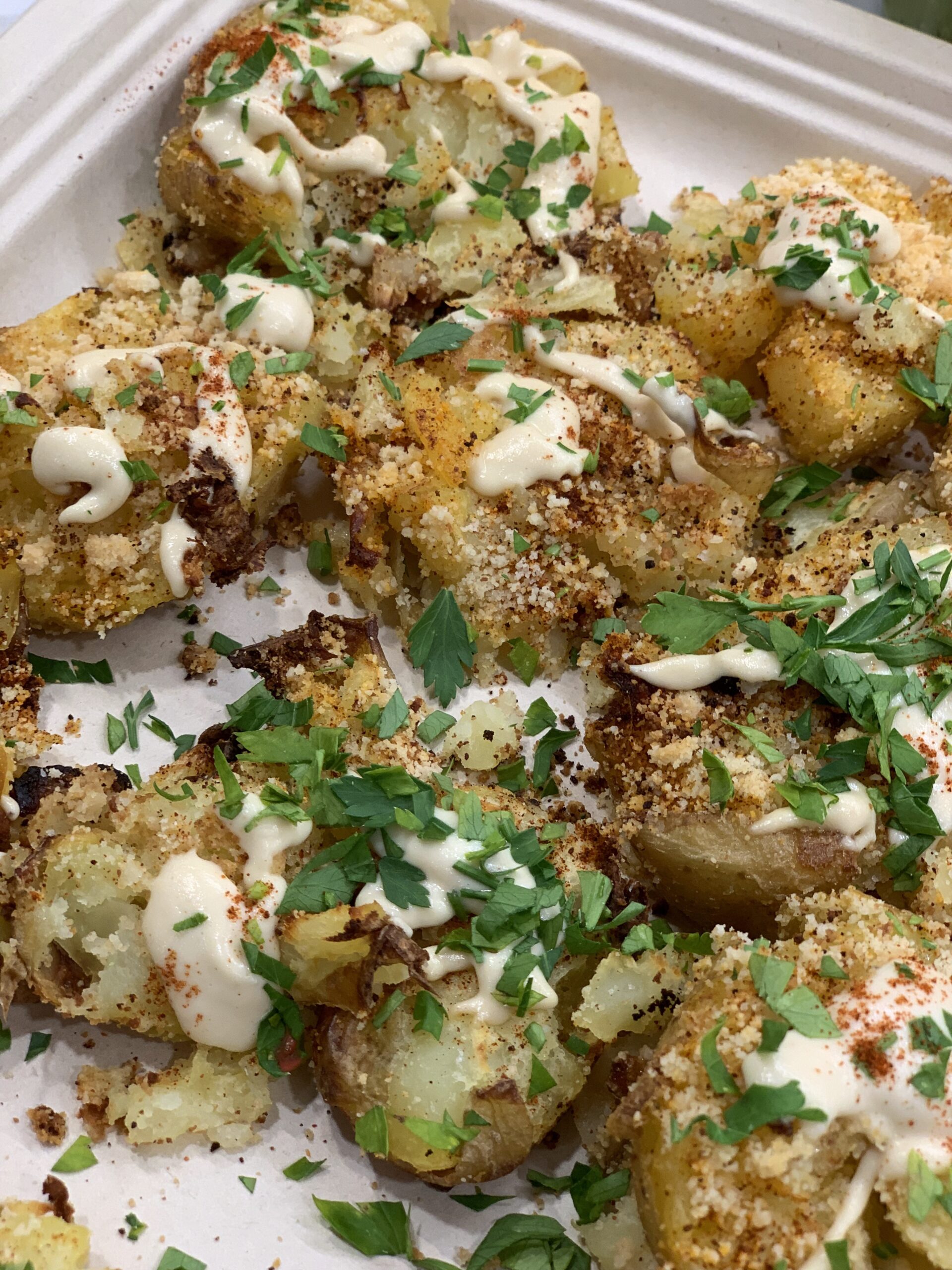 Golden Herbed Smashed Potatoes with Cashew Cheese feature image