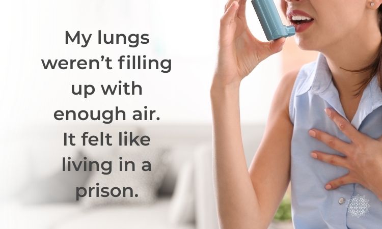 Woman with nebulizer overlayed with Muneeza's quote