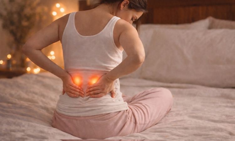 woman resting with hands over adrenal area, representing adrenal fatigue and fertility connection