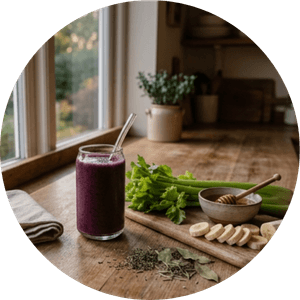A calm kitchen scene with a glass of wild blueberry smoothie beside celery, raw honey, sliced banana, and herbs in soft evening light, representing nourishment and gentle support for sleep restoration.