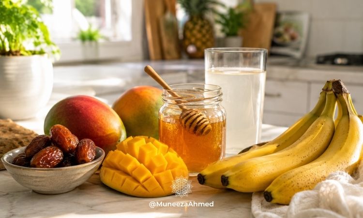 Cleanse Cravings are warded of by mangoes honey bananas dates and coconut water