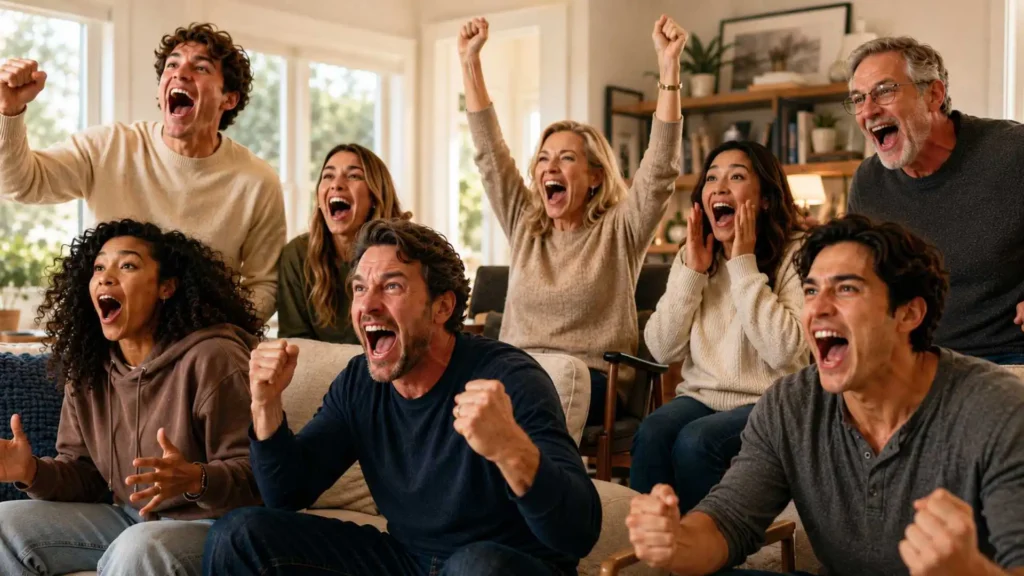 Group of various people cheering for their sport team on game day eating healthy snacks