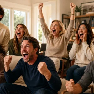 Group of various people cheering for their sport team on game day eating healthy snacks