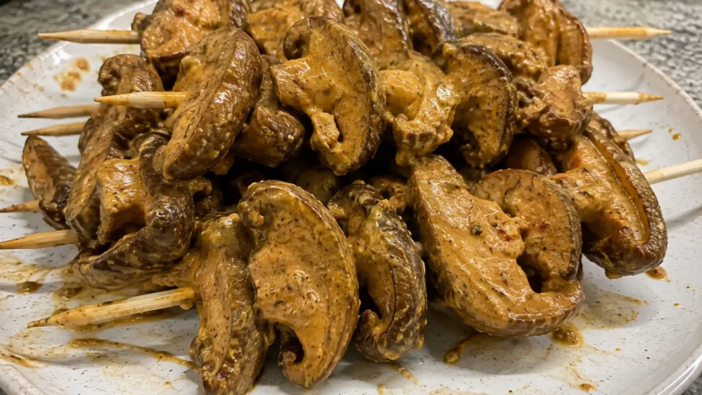Vegan mushroom shawarma skewers made with marinated shiitake mushrooms on a plate